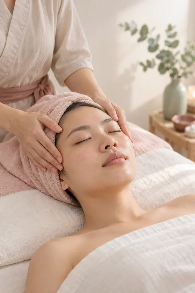 Kỹ thuật viên đặt nhẹ hai tay lên thái dương một chị đang nằm thư giãn, tóc quấn khăn hồng