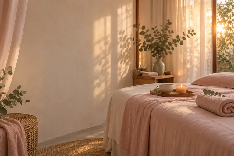 Phòng chăm sóc da lúc hoàng hôn với giường trải khăn hồng, tách trà và nến