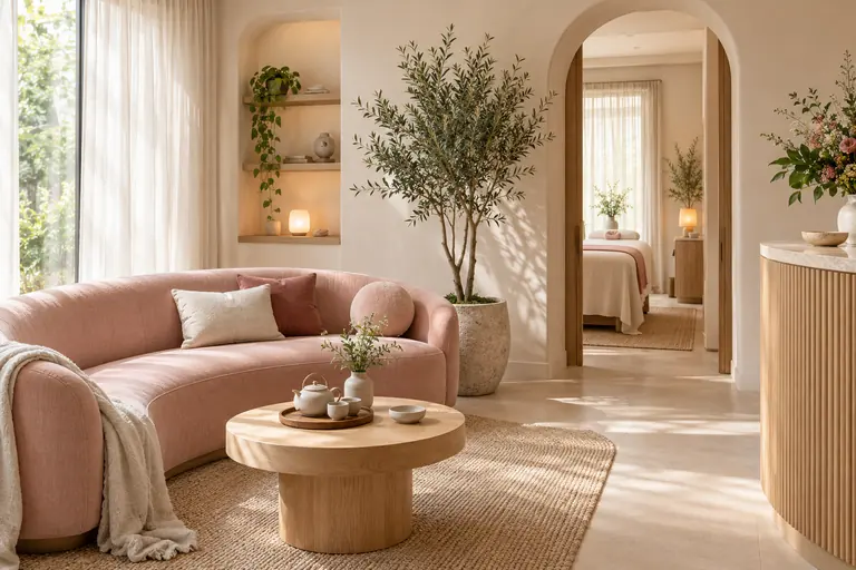 Phòng chờ với sofa hồng bo cong, bàn trà gỗ sáng và cây ô liu