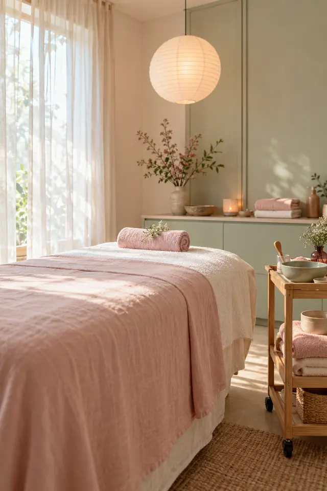 Phòng chăm sóc da với giường trải khăn hồng và đèn giấy tròn