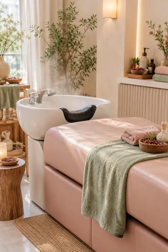 Góc gội dưỡng sinh với bồn gội trắng và giường hồng