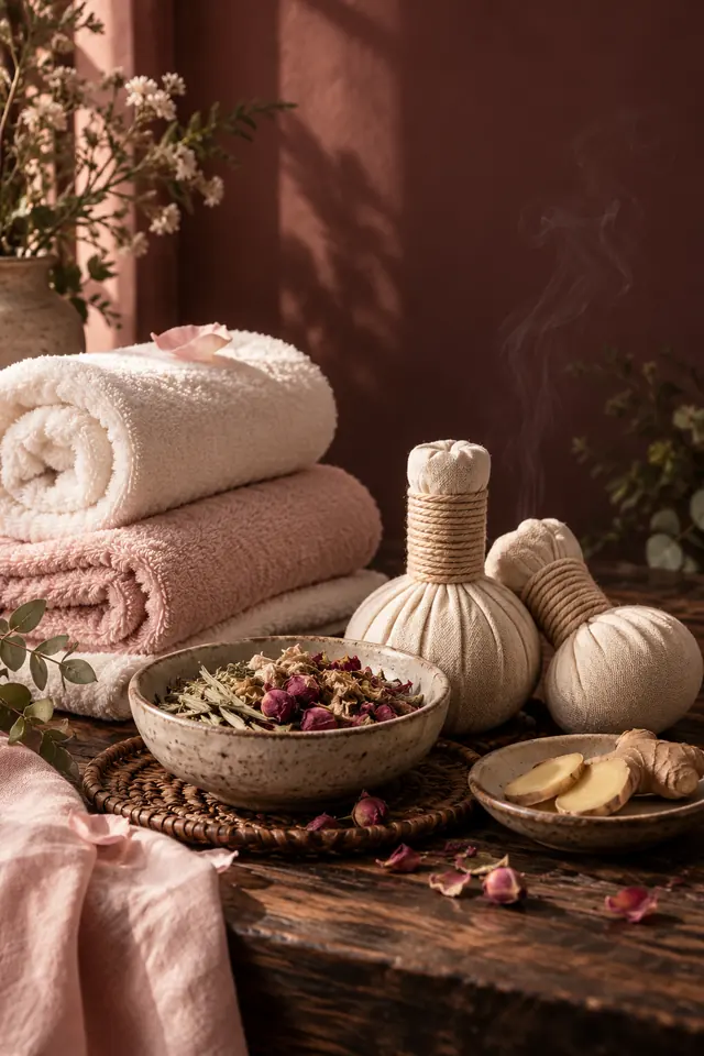 Khăn cuộn trắng hồng, túi chườm thảo dược và bát thảo mộc khô, hơi nóng bốc nhẹ