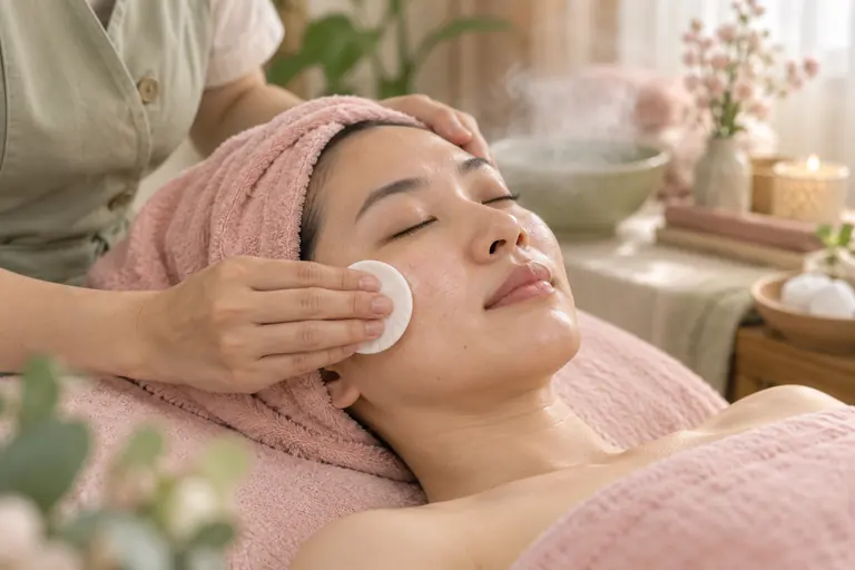 Kỹ thuật viên lau sạch má cho khách bằng bông tẩy trang