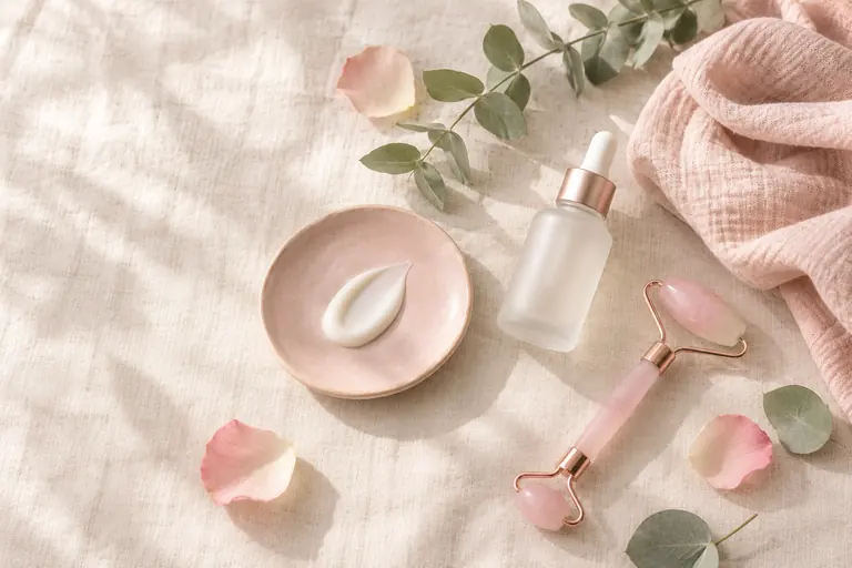 Lọ serum thủy tinh, chén kem trắng và cây lăn đá hồng trên khăn lanh