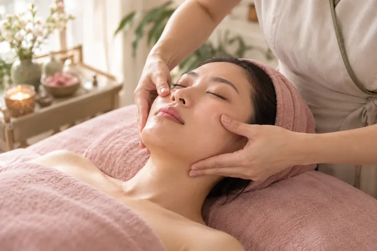 Hai bàn tay massage nâng nhẹ dọc xương hàm và gò má