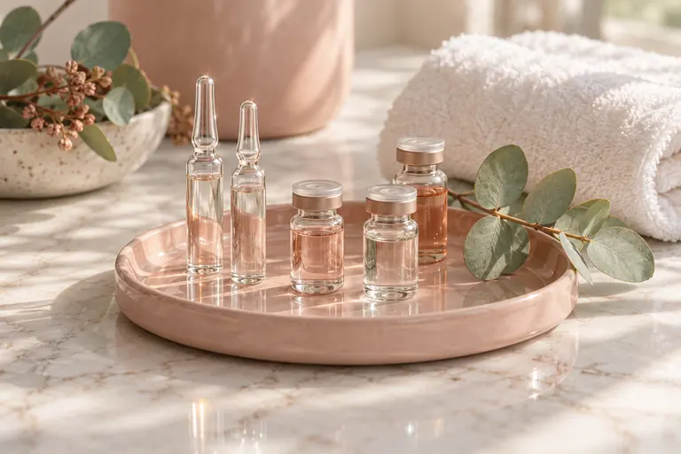 Các ống tinh chất thủy tinh trong suốt trên khay gốm hồng