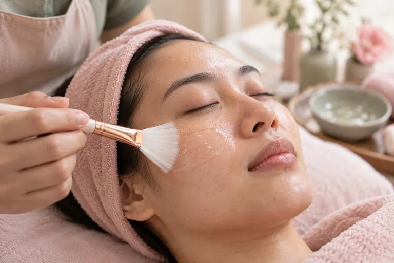 Cọ quạt mềm thoa lớp gel trong lên má khách