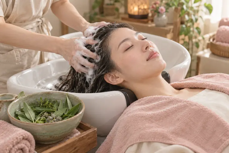 Khách nằm gội, kỹ thuật viên massage da đầu với bọt trắng