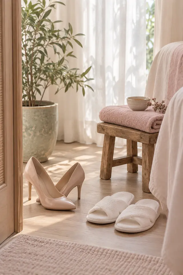 Đôi giày cao gót vừa tháo ra, đặt cạnh đôi dép trắng ở lối vào phòng chăm sóc đầy nắng